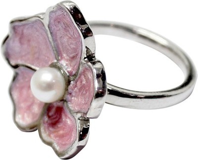 GemBells 925 Sterling Silver Pink Color Meenakari Floral Ring with Pearl for women Sterling Silver Pearl Rhodium Plated Ring