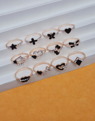 Divyanshi Collection Combo Pack Of Multicolour Multi Sizes 12 Rings Brass Diamond Gold, Silver Plated Ring Set