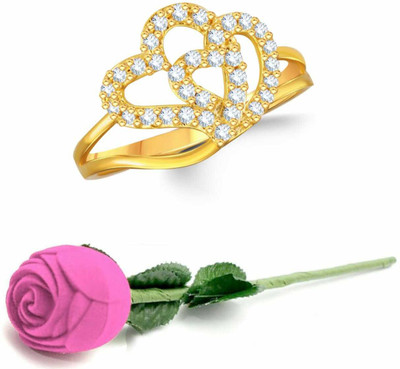 VIGHNAHARTA Valentine Window Heart Alloy Ring with Pink Rose Ring Box for Women and Girls Brass Cubic Zirconia Gold Plated Ring Set