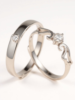 RAPPERSSHOP Set of 2 Sterling Silver CZ-Studded Adjustable Couple Band Finger Rings Stainless Steel Cubic Zirconia Rhodium Plated Ring Set