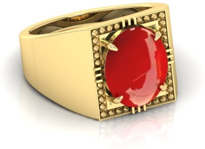 RRVGEM Natural Red coral Ring 5.25 Carat Moonga Adjustable Ring For Unisex Brass Coral Gold Plated Ring