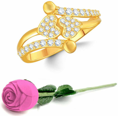 VIGHNAHARTA Valentine Sensual Heart Alloy Ring with Pink Rose Ring Box for Women and Girls Brass Cubic Zirconia Gold Plated Ring Set