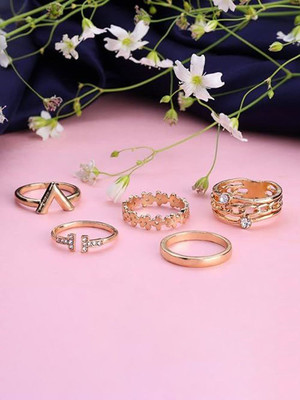 Dressberry Set of 5 Gold Plated Minimal Classic Studded Finger Rings for Women and Girls Brass Diamond Ring Set