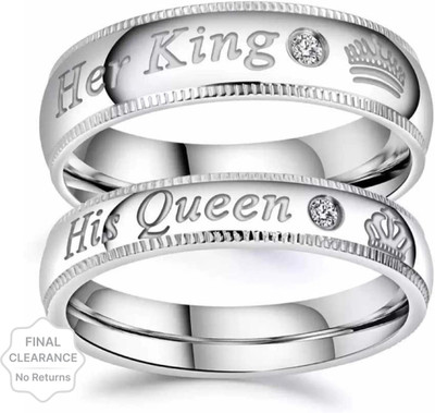Vibeesle Adjustable Couple Ring for lovers in silver stylish king Queen design Stainless Steel, Brass, Stone, Metal, Copper Sterling Silver Plated Ring Set