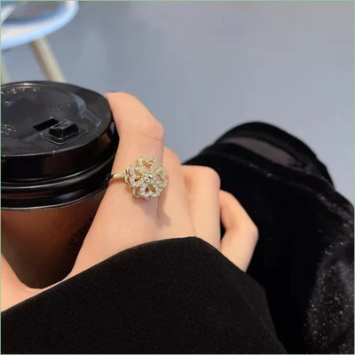 TVI Rotating Cubic Zirconia Adjustable Gold-Plated Clover Ring For Women / Girls Alloy Cubic Zirconia Gold Plated Ring