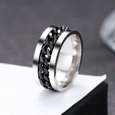 Ruhi Collection Classy Spinner Chain Ring (Black - Silver) for Men/Boys/Women/Girls/Unisex (1 Pcs) Stainless Steel Ring