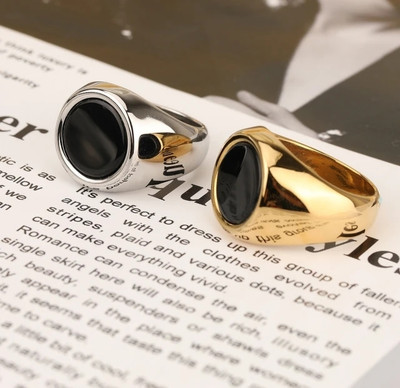 house of common Alloy Onyx Sterling Silver, Gold Plated Ring Set