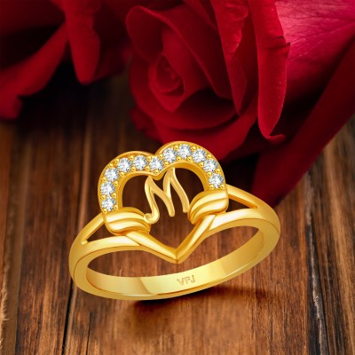 VIGHNAHARTA Valentine cluster'' M '' with heart ring alphabet cluster for women and Girls Brass Cubic Zirconia Gold Plated Ring