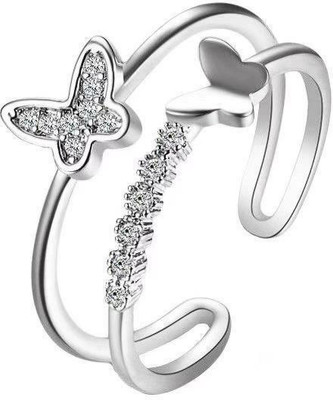Zoey Trendy Women Fashion Popular Silver Double Layer Butterfly Open Adjustable Ring Stainless Steel Zircon Sterling Silver Plated Ring