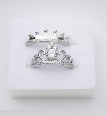 FASHOW Charming & Beautiful King and Queen lovers Couple Adjustable Ring Stainless Steel Cubic Zirconia Silver Plated Ring