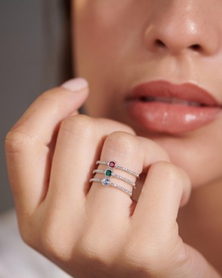 guyal Gemstone and Lab-Created White Sapphire Triple Row Family Ring gold Sterling Silver Topaz, Emerald, Ruby Gold Plated Ring