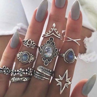 Fashion Frill Exclusive Silver Plated Vintage Floral Designs Silver Ring Set For Women Girls Alloy Silver Plated Ring Set