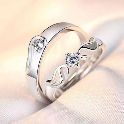 Deevora Adjustable Couple Combo Lovers American diamond Valentine Metal Cubic Zirconia, Crystal, Diamond Silver, Rhodium Plated Ring