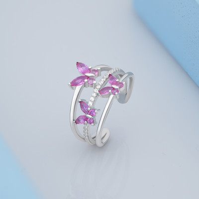 Silvish Dark Pink Butterfly 925 Sterling Silver Ring for Women Sterling Silver Cubic Zirconia Rhodium Plated Ring
