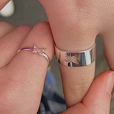 Animated Silver Butterfly Ring Matching Wrap Finger Ring for Women and Men Alloy Sterling Silver Plated Ring Set