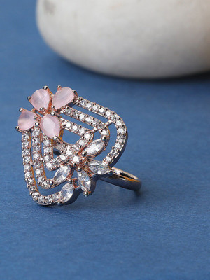 ANOUK Gold-Plated Pink & White AD-Studded Adjustable Finger Ring Alloy Cubic Zirconia Gold Plated Ring