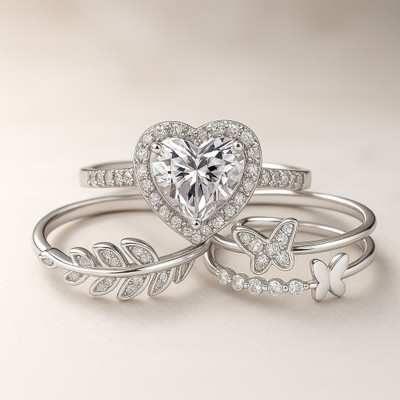 PSJEWELS Womeh's Beautiful Designer Fancy Rings Combo Pack of 3 Metal Silver Plated Ring