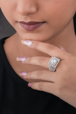 immitation Geometric: Square Halo CZ Cluster Statement Ring with Pave Bands Silver Pearl Silver Plated Ring