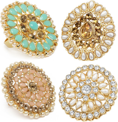 Kord Store 4 Set Traditional Alloy Gold Plated Multicolor LCT Stone Adjustable Finger Ring Alloy Beads Gold Plated Ring Set