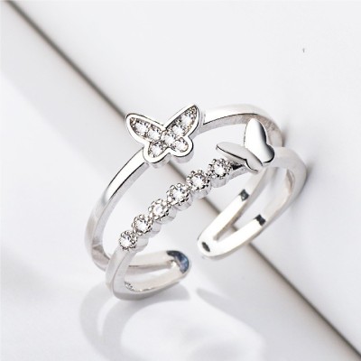 ringzinnie Valentine Special Sizzling Bejeweled Double Butterfly Silver Ring Alloy Cubic Zirconia Titanium Plated Ring