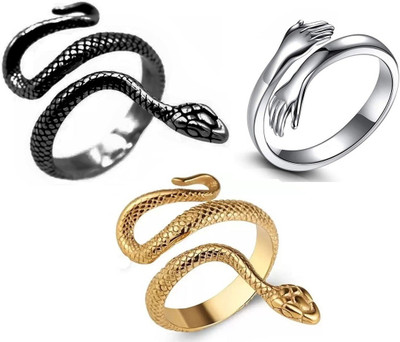 Stylewell Pack Of 3 CMB7904 Love Couple Hand Hug Me And Shiva Snake/Sarp Thumb Finger Ring Stainless Steel Ring
