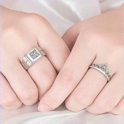 TheVineGirl Premium Silver Plated Crown Adjustable Couple Rings Set Alloy Cubic Zirconia Silver Plated Ring Set