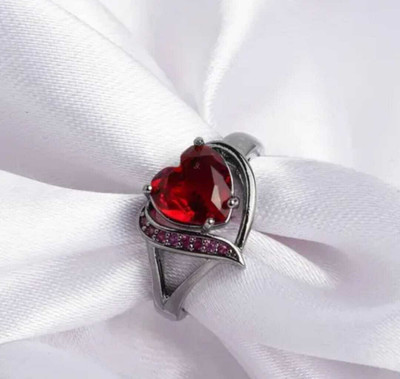 RKGCraft Valentines Special Red Stone Ring Fashion Silver Plated Dual Heart Crystal Ring Brass Brass Plated Ring