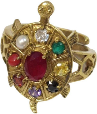Devadidev Navratan Kachua Tortoise Meru Ring | Gold Plated Multi Stone Navagraha Ring Brass Zircon Ring