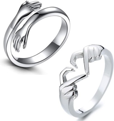 vs unique collections Pack Of 2 Love Gesture Couple Hands Than Heart Hug Me Thumb Finger Ring Stainless Steel Silver Plated Ring