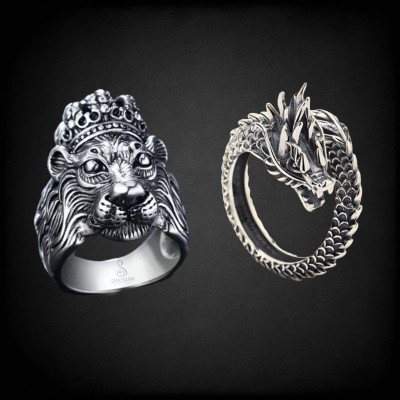 SILVOSWAN Stylish Lion King Choose Size And Adjustable Chaina Dragon ring For Boy and Men Stainless Steel Silver Plated Ring