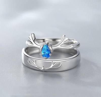 Anrich King Queen Blue Diamond Couple Ring Romantic Valentine Wedding Ring Alloy Cubic Zirconia Platinum Plated Ring Set