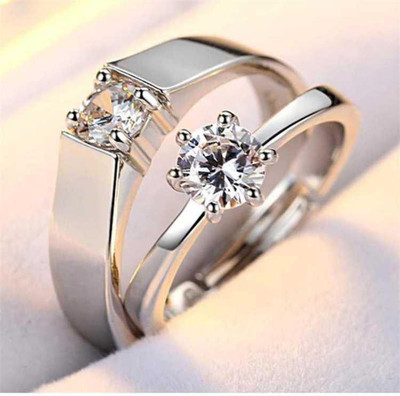 Teeragaj Adjustable Couple Ring for lovers in silver Alloy Crystal Sterling Silver Plated Ring Set