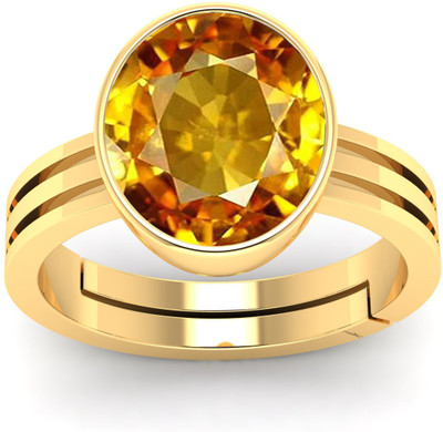 ANGIRA GEMS 7.25 Ratti Yellow Sapphire O 2line Gold Brass Crystal Gold Plated Ring