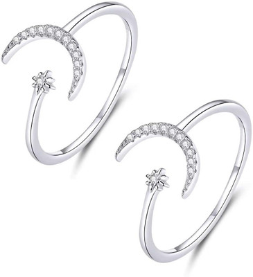 Uniqon (2 Pcs) Silver Crystal Diamond Stone Imam Salem Chand/Moon & Star Arabian Rings Stainless Steel Silver Plated Ring