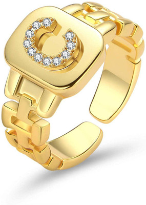 ZIVOM Initial Alphabets Letter C American Diamond Adjustable Copper Cubic Zirconia Gold Plated Ring