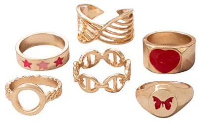 Vembley Combo Of Multi Designer Aesthetic Metal Chunky Red Finger Rings Alloy Gold Plated Ring Set