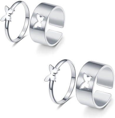 Viibesle Combo of 2 Stylish Silver Plated Butterfly Couple Rings Stainless Steel Silver Plated Ring Set