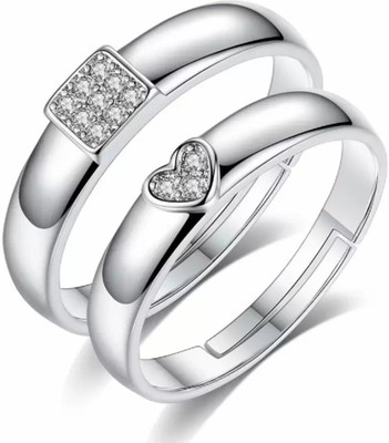 Vibeesle Adjustable Couple Rings Combo for Lovers Valentine Jewellery Stainless Steel, Brass, Stone, Metal, Copper Cubic Zirconia Silver, Rhodium Plated Ring Set