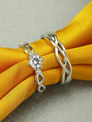 Alviira Couple Rings Combo Stainless Steel, Cubic Zirconia, Rhodium Plated Ring Set Stainless Steel Rhodium Plated Ring Set