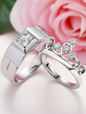 Dressberry Premium Silver Plated Crown Adjustable Couple Rings Set Alloy Cubic Zirconia Silver Plated Ring Set