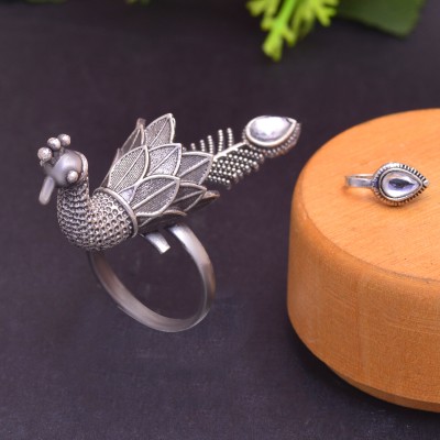 Tanusha Jewels Peacock Ring Set For Womens & Girls Brass Crystal Black Silver Plated Ring Set