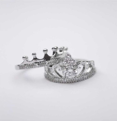 Mischief Valentine Special Charming & Beautiful King Queen Lovers Adjustable Crown Ring Stainless Steel Cubic Zirconia Silver Plated Ring