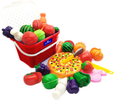 Kingwell Realistic Sliceable Cutting Fruits , Vegetables Play Toy Set ,Red Basket
