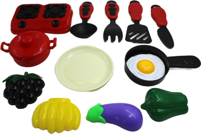 neoinsta shopping 12pc set of kitchen set toys for kids with pan, stove and many others