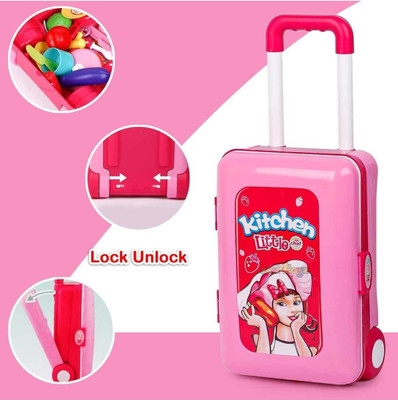 MGT CREATION Pink Kitchen Set with Wheel Trolley Portable Cooking Toy with Utensils