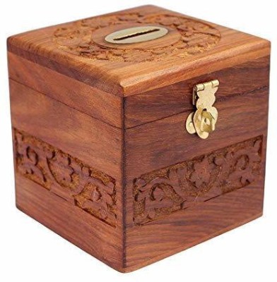 Remarkable Wooden Money Box with Lock | Wooden Coin Box Square 4 * 4 Coin Bank(Brown)