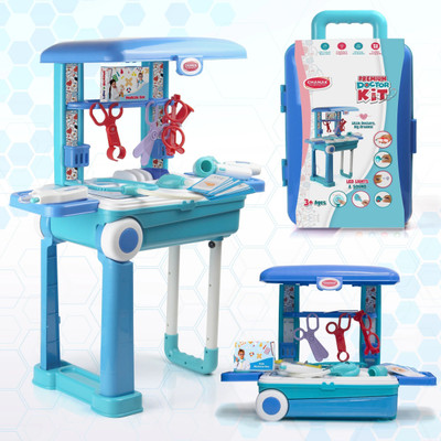 Aditi Toys Doctor Set Trolley for Kids LED Light Instruments 13 Piece Doctor Kit (Blue)