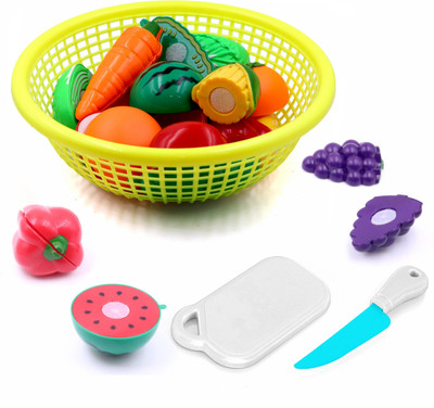 Aditi Toys Fruits & Vegetables Set One Basket with Chopper Board & Knife for Kids (Yellow)