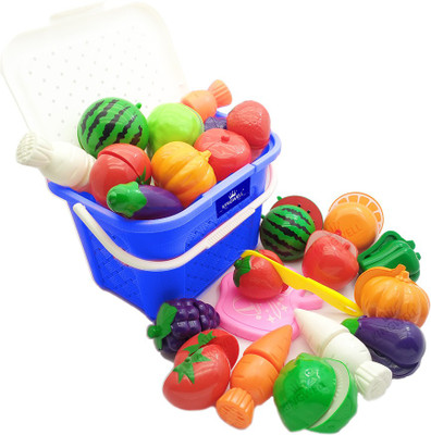 Kingwell Realistic Sliceable Cutting Fruits and Vegetables Play Toy Set With Basket