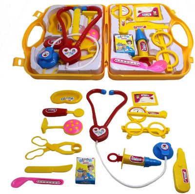 neoinsta shopping 13pc doctor set with stethoscope, injection and other tools yellow color